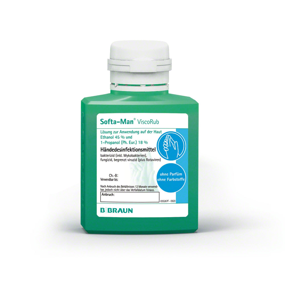 Handdesinfektionsmittel Softa-Man® ViscoRub, Vorderansicht einer grünen Flasche mit Etikett
