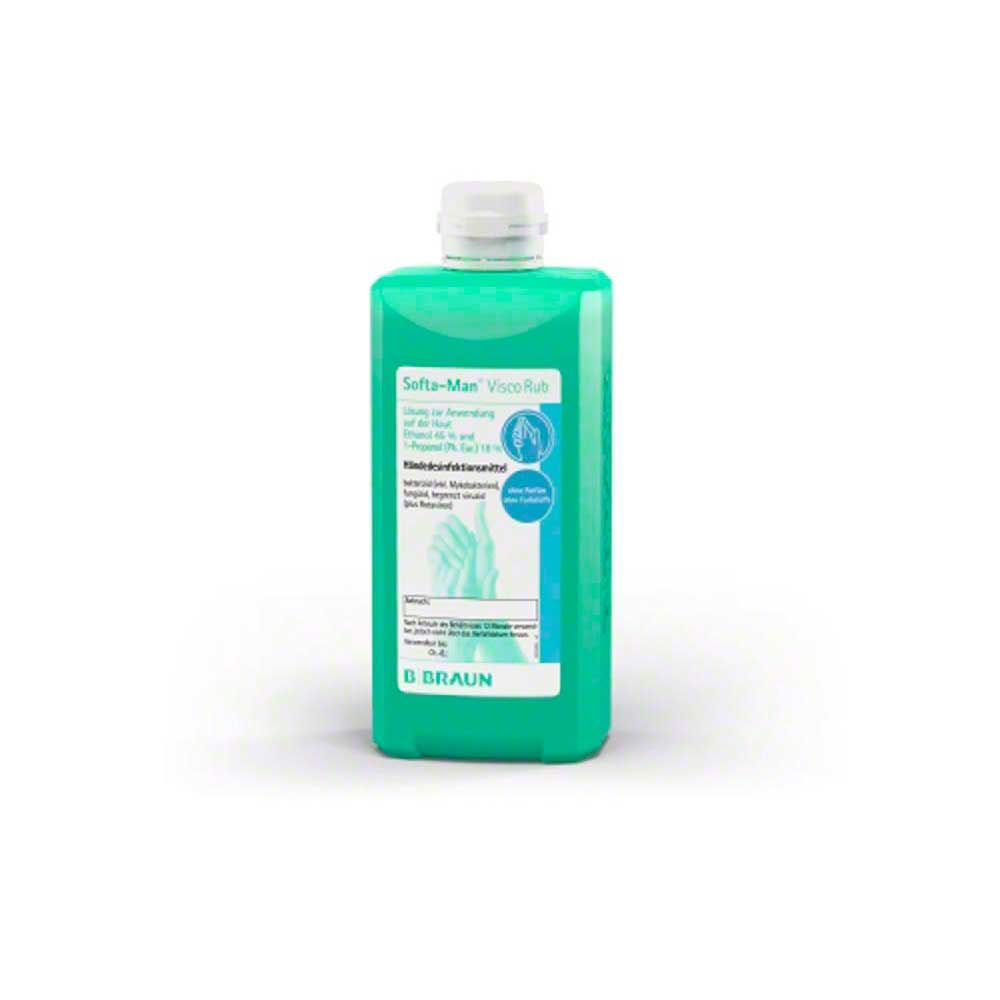 Handdesinfektionsmittel Softa-Man® ViscoRub, grüne Flasche in Seitenansicht mit Etikett