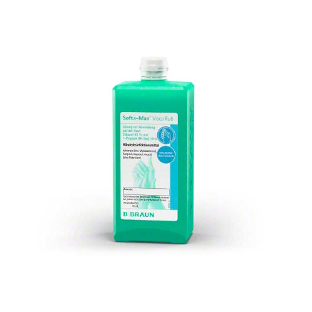 Handdesinfektionsmittel Softa-Man® ViscoRub, grüne Flasche von hinten mit Aufdruck