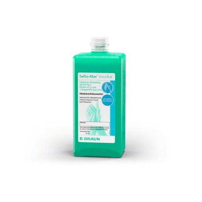 Handdesinfektionsmittel Softa-Man® ViscoRub, grüne Flasche von hinten mit Aufdruck
