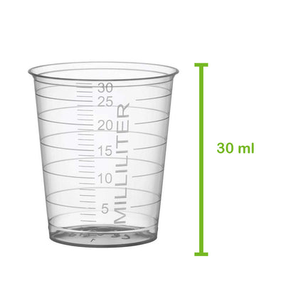 Klarer Einmal-Medizinbecher mit 30-ml-Skala und Milliliter-Einteilung