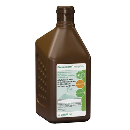 Braune Hautdesinfektions-Flasche B.Braun Braunoderm® nachgefärbt mit Etikett
