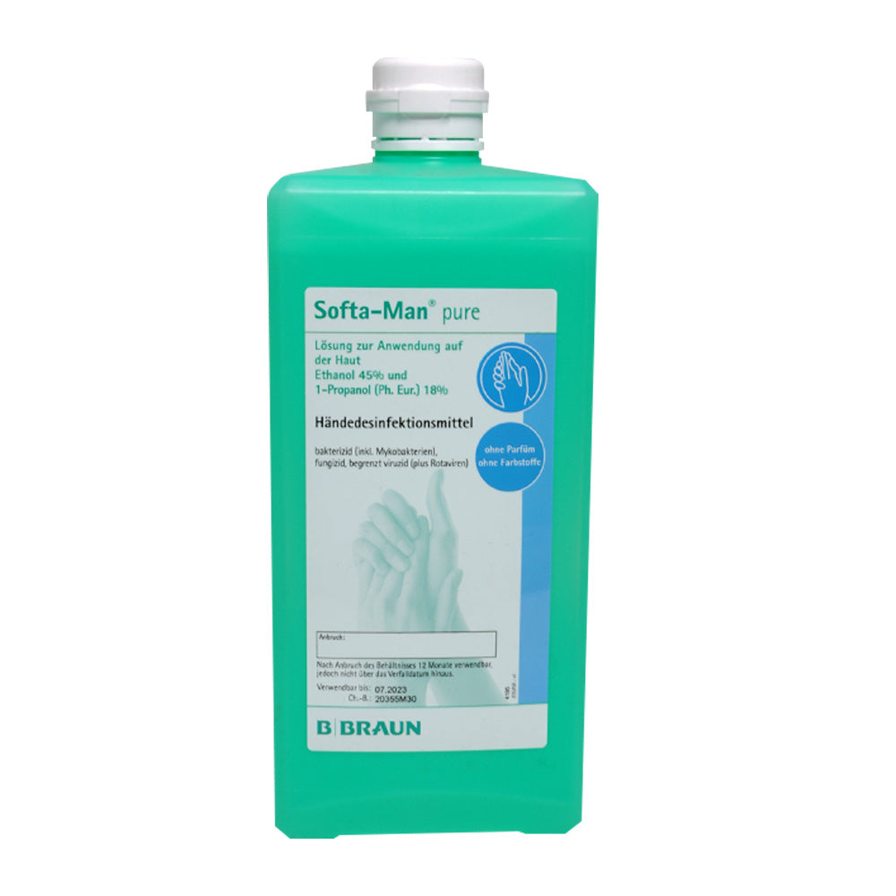 Händedesinfektion Softa-Man® pure: grüne Flasche mit Etikett, volle Vorderansicht