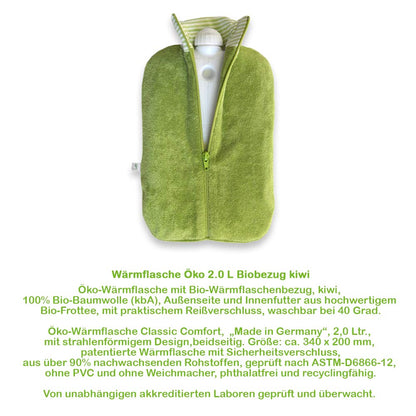 Öko-Wärmflasche mit grünem Biobezug und Reißverschluss, gestreifter Halsmanschette