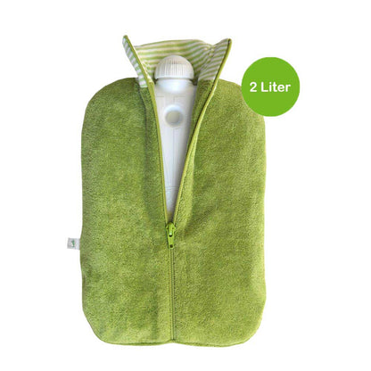 Öko-Wärmflasche mit grünem Biobezug, gestreifter Halsmanschette; 2 Liter