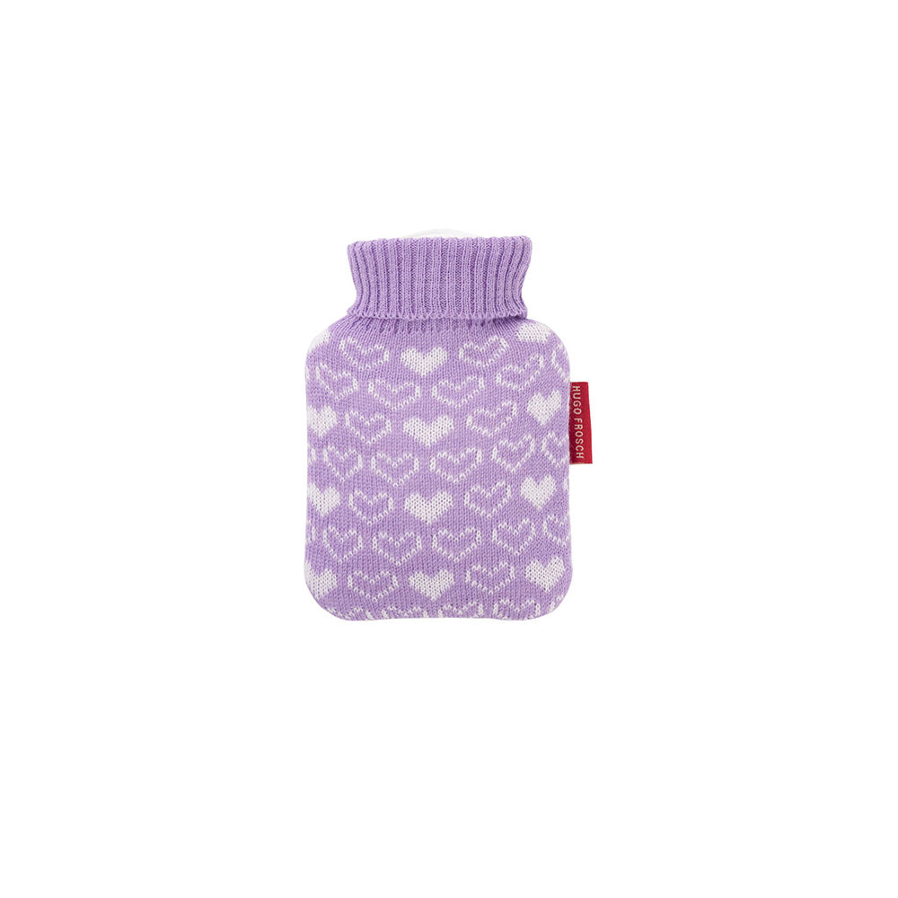 Mini-Wärmflasche mit Strickbezug in Lila, Herzmuster