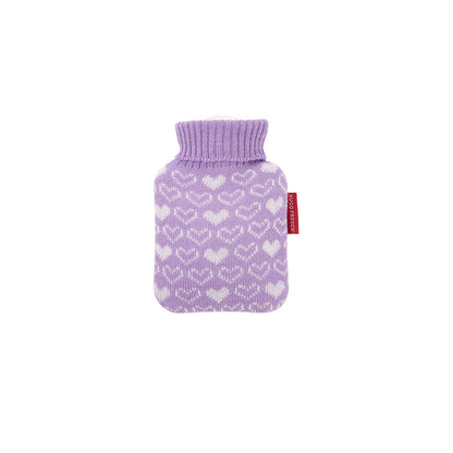 Mini-Wärmflasche mit Strickbezug in Lila, Herzmuster