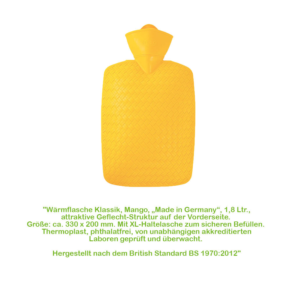 Wärmflasche 1,8 l mit Flechtoptik, Mangofarben, kompakte Form