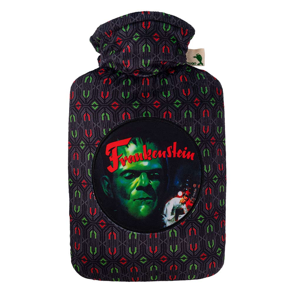 Hugo Frosch Nicki-Velourswärmflasche mit schwarzem Bezug und Frankenstein-Motiv