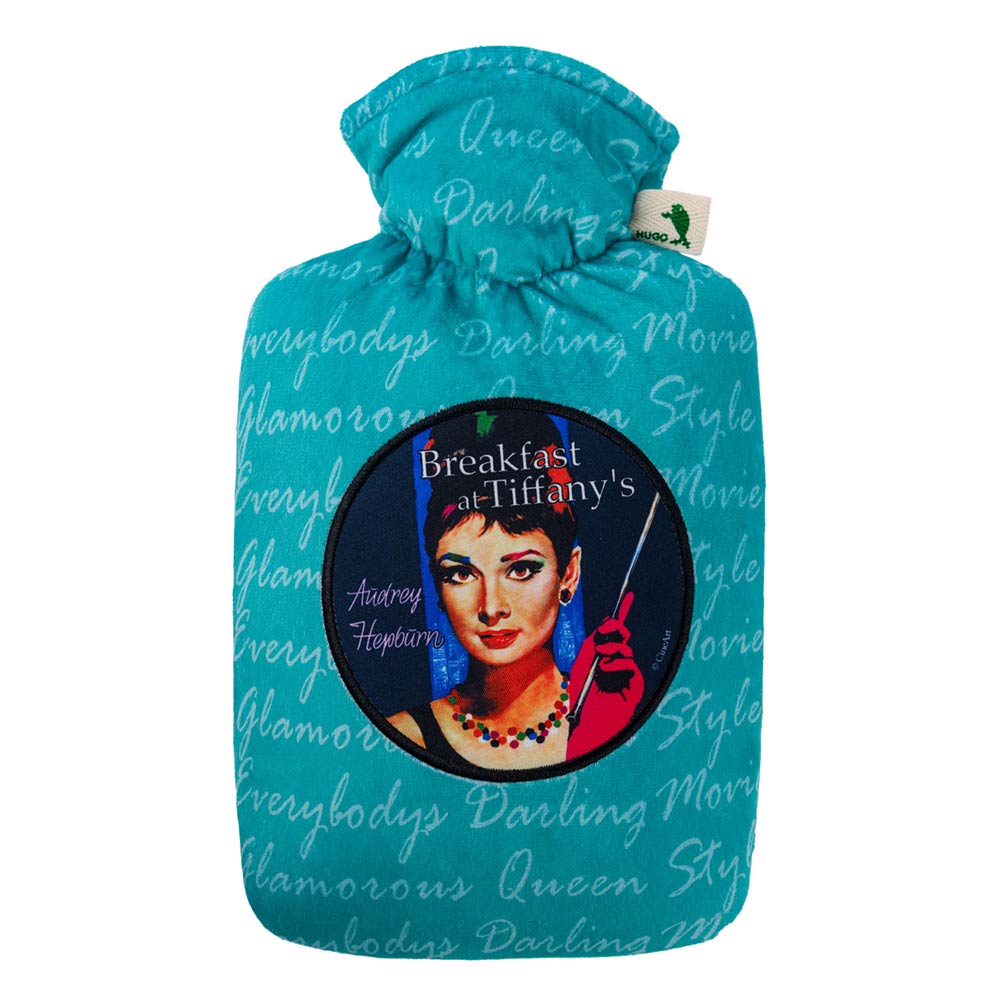 Hugo Frosch Nicki-Velourswärmflasche mit türkisfarbenem Bezug und Audrey-Hepburn-Motiv