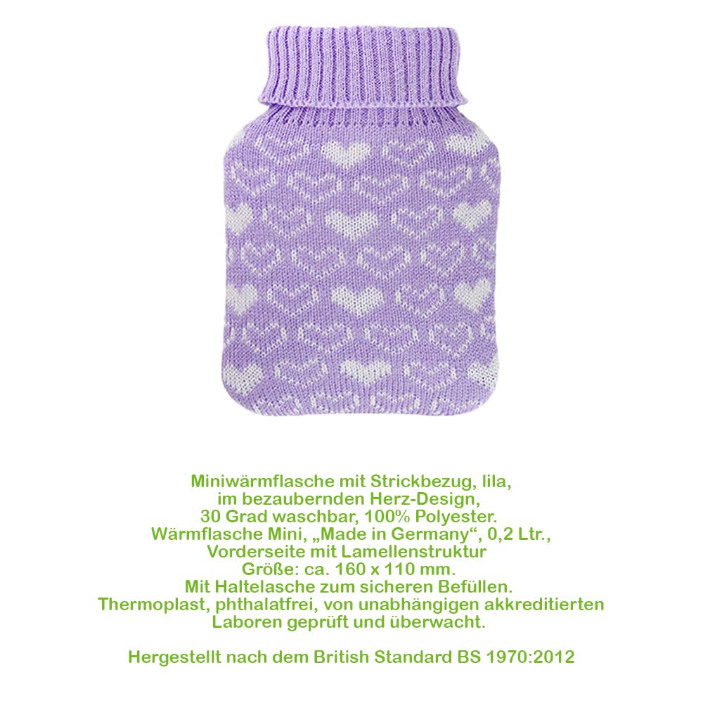 Mini-Wärmflasche mit Strickbezug in Lila mit Herzmuster