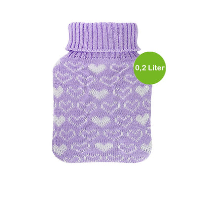 Mini-Wärmflasche 0,2 L mit Strickbezug in Lila, Herzmuster