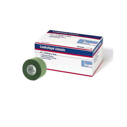 BSN Leukotape classic Tapeverband-Rolle, grün, neben Verpackungskarton