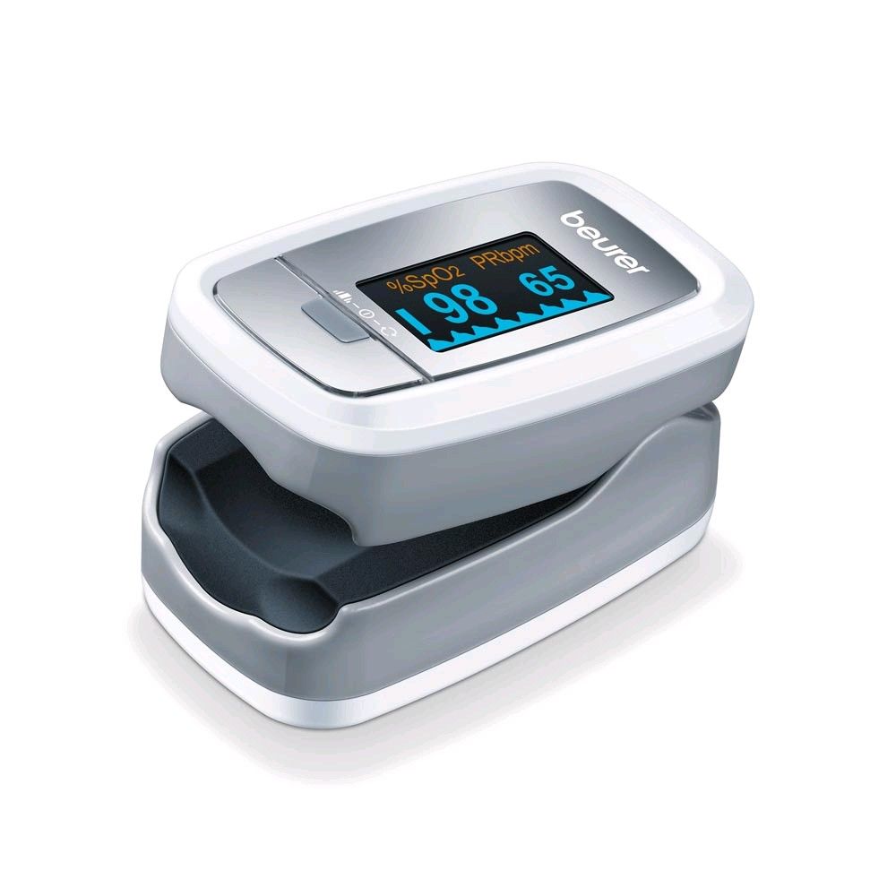 Beurer Pulsoximeter PO30 mit grauem Standfuß, seitliches Bedienfeld und Display