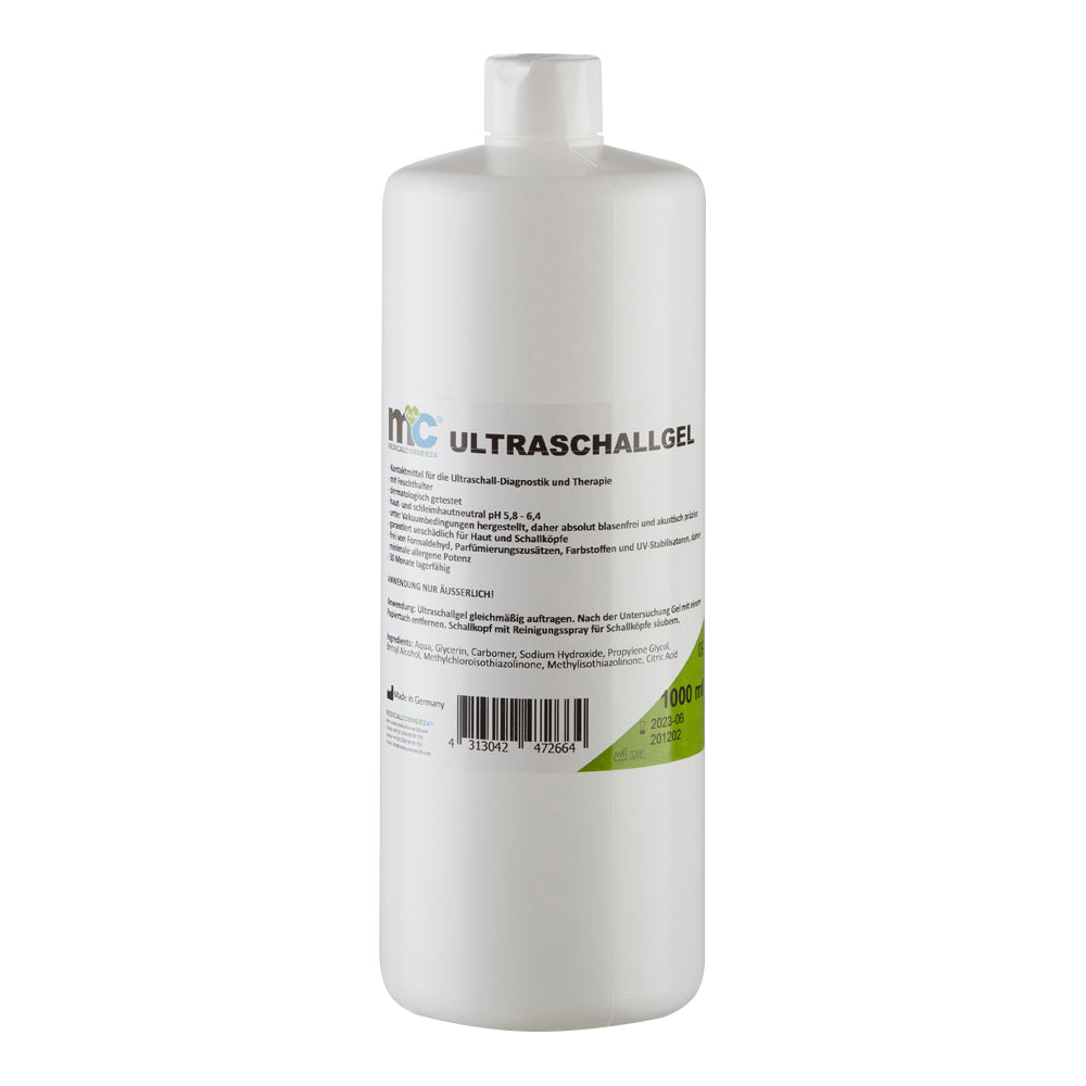 Ultraschallgel-Kontaktgel, weiße Flasche mit vorderem Etikett und grünem Balken