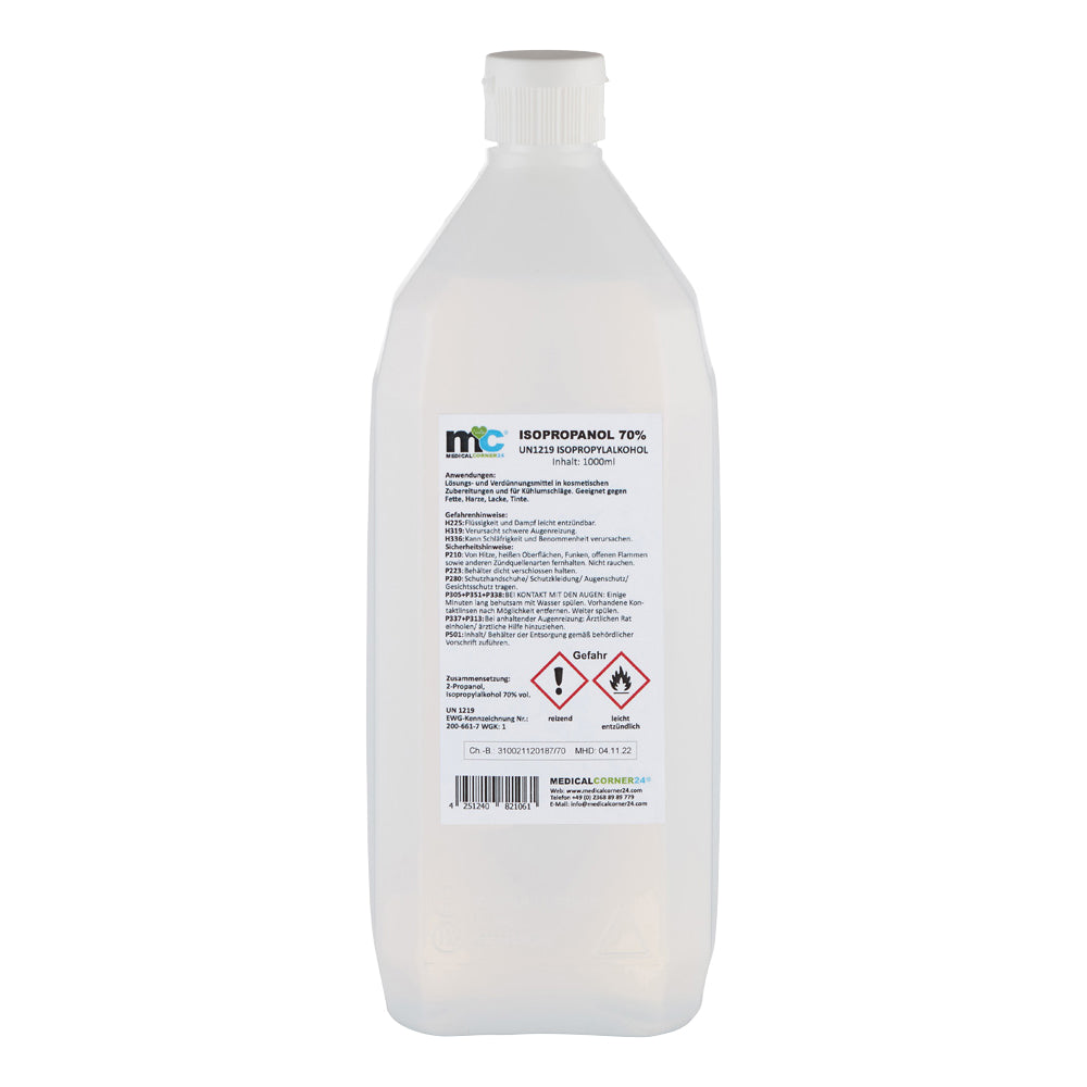 Isopropanol-70%-Flasche, 1 Liter, weiße Kunststoffflasche mit Vorderseitenetikett