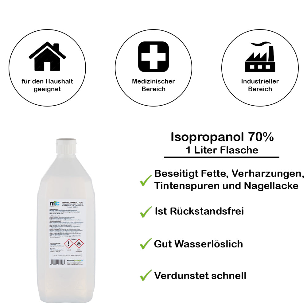 Isopropanol-70%-Flasche, 1 Liter, weiße Kunststoffflasche mit aufgeklebtem Label