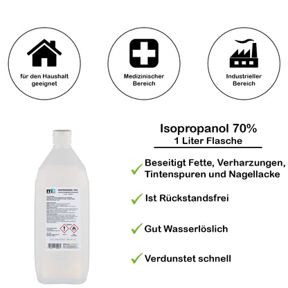 Isopropanol-70%-Flasche, 1 Liter, weiße Kunststoffflasche mit aufgeklebtem Label