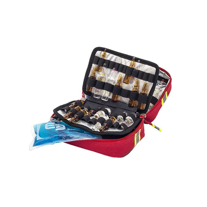 Rote Isoliertasche offen, Ampullenfächer mit Metallampullen und Halterungen sichtbar