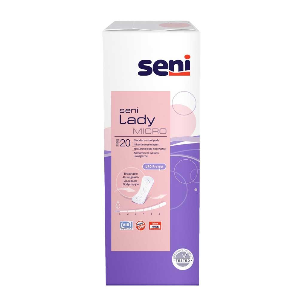 Seni Lady Inkontinenzeinlagen, Micro Packung mit seni Logo und Größenangabe „20“.