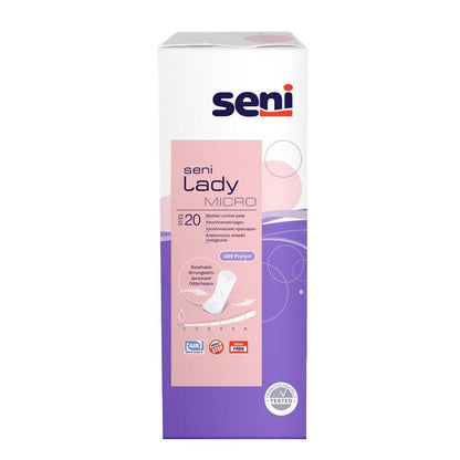 Seni Lady Inkontinenzeinlagen, Micro Packung mit seni Logo und Größenangabe „20“.