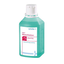 Schülke s-m® Waschlotion in türkisfarbener Flasche mit Etikett