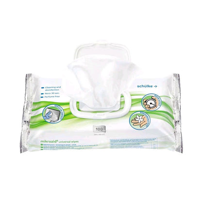 Schülke mikrozid® Universal-Desinfektionstücher, Verpackung mit geöffnetem Deckel