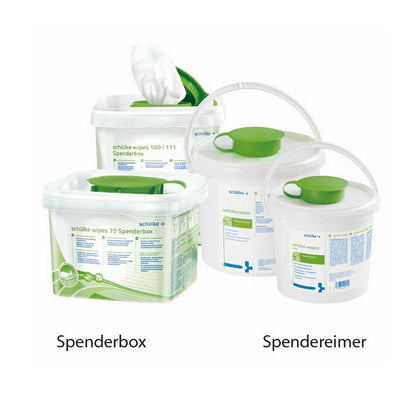 Desinfektionstücher-Spenderbox und Spendereimer, transparente Behälter mit grünem Deckel