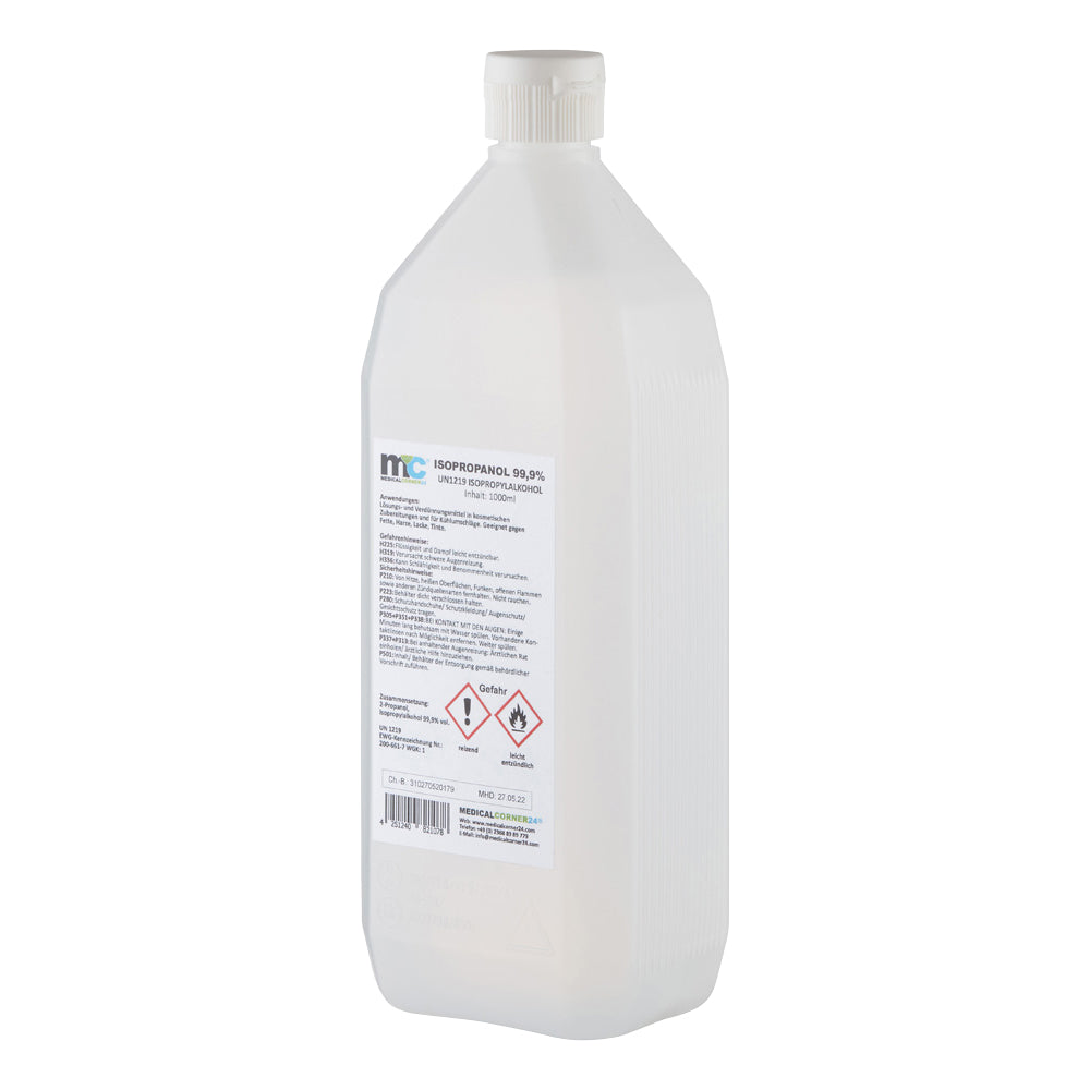 1‑Liter Isopropylalkohol-Flasche aus Kunststoff, Etikett auf der Rückseite