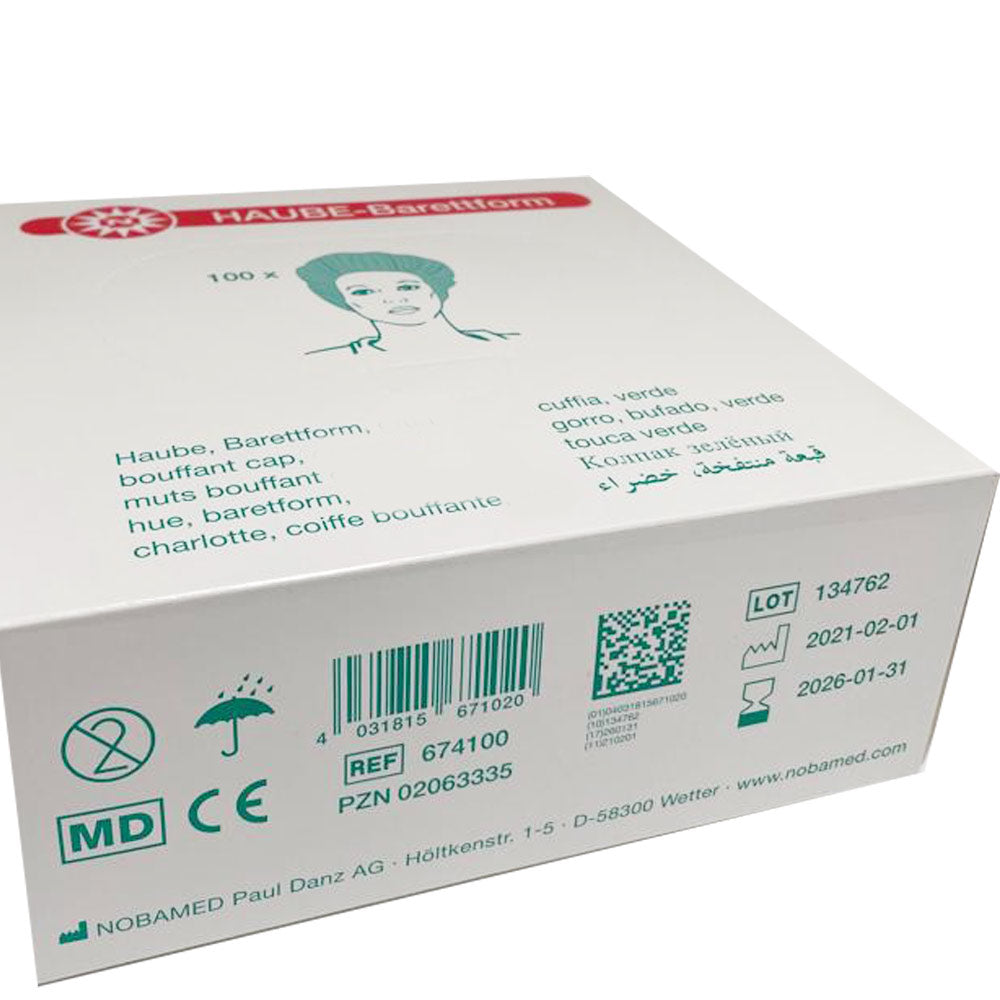 Packung Haube-Barettform, Seitenansicht mit Barcode und Chargendaten