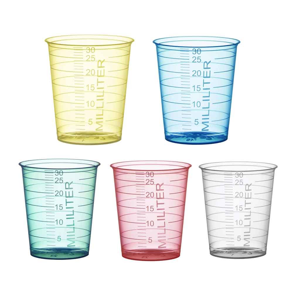Set Einmal-Medizinbecher in verschiedenen Farben, je 30 ml, mit Skala