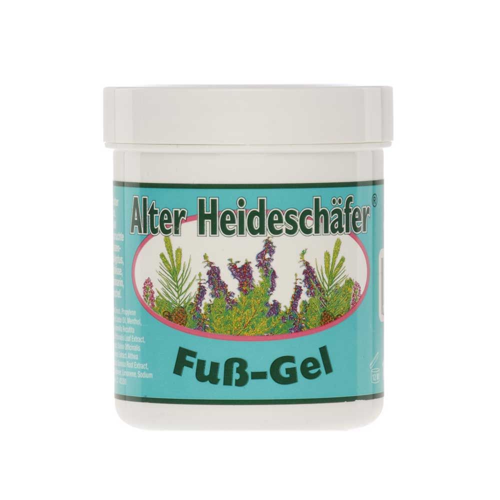Fuß-Gel-Behälter Alter Heideschäfer® mit Pflanzenextrakten, 100 ml, türkisfarbenes Etikett