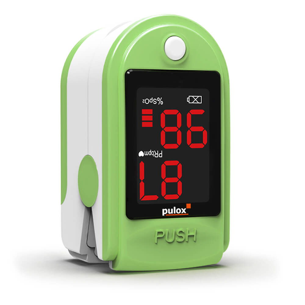 Finger-Pulsoximeter in Grün mit LED-Bildschirm und großen roten Ziffern