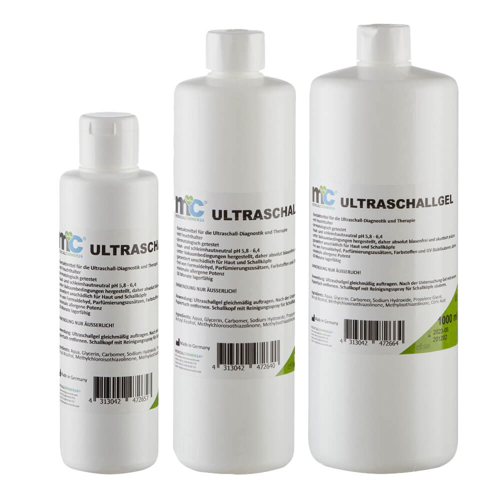 Ultraschallgel-Kontaktgel in weißer Flasche mit Schraubverschluss, drei Ansichten im Set