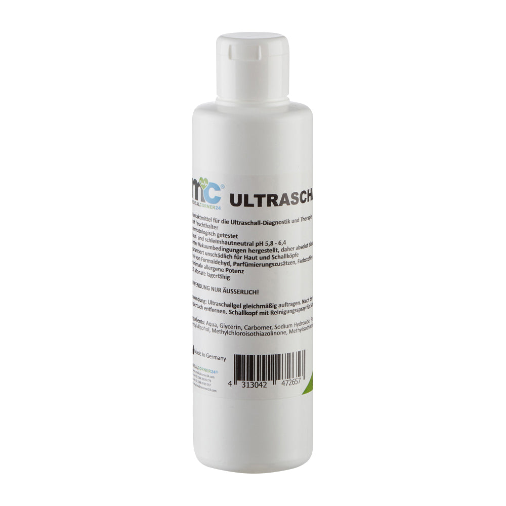 Ultraschallgel-Kontaktgel, weiße Flasche mit Etikett und Verschlussdeckel
