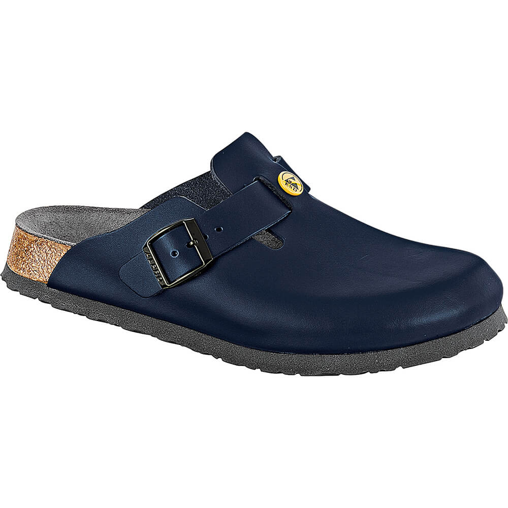 Blauer Clog aus Naturleder mit zwei Riemen und Metallschnalle