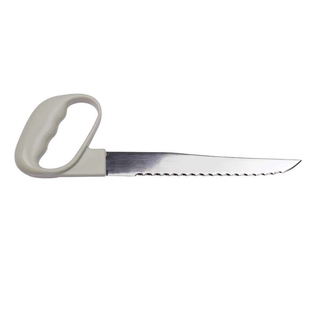 Schneidemesser mit Wellenschliffklinge und hellgrauem Haltegriff