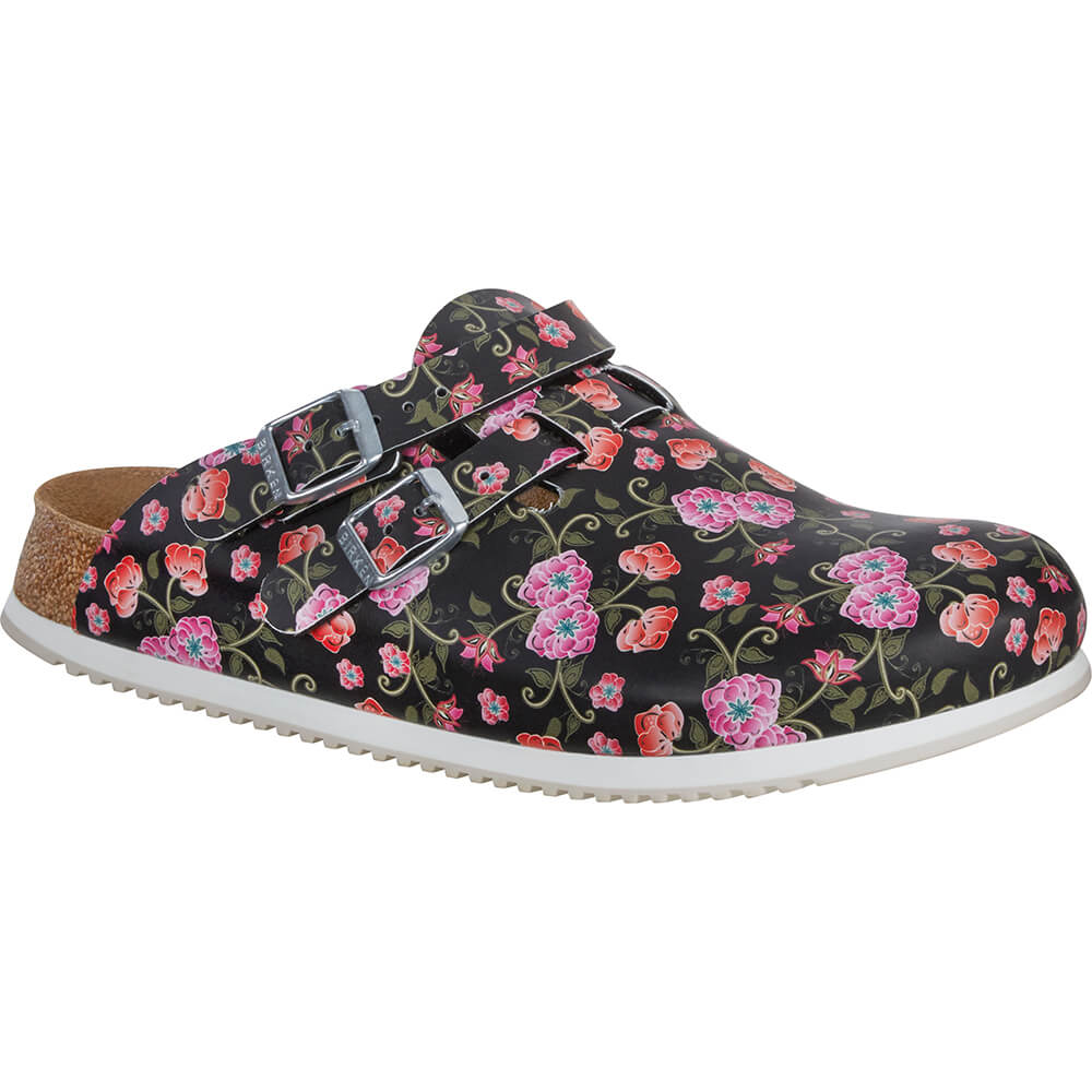 Birkenstock Clog Schwarz mit buntem Blumenmuster und zwei Gurt-Schnallen