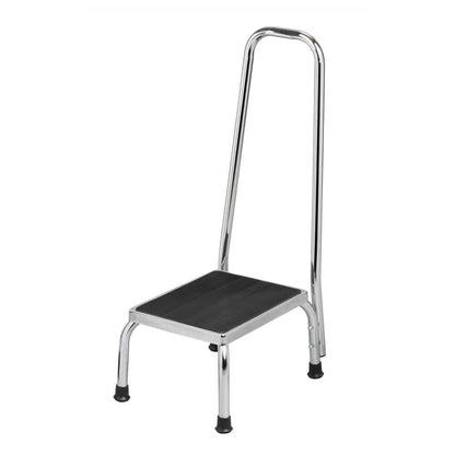 Trittstufe mit Haltegriff, schwarze Gummiplatte, verchromtes Metallgestell