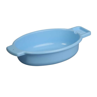 Ovale Waschschale mit Seifenablage, hellblau eingefärbt.