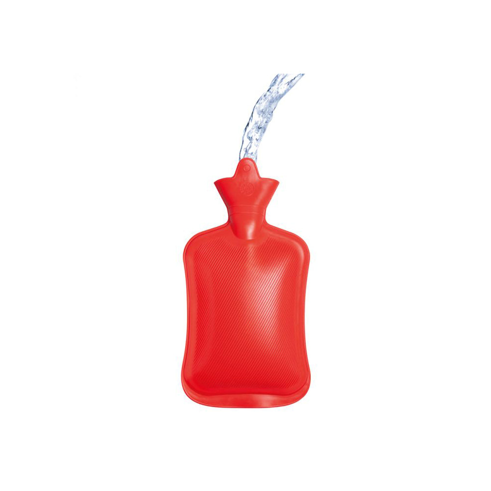 Rote Wärmflasche mit Einfüllöffnung und Schlauchauslass