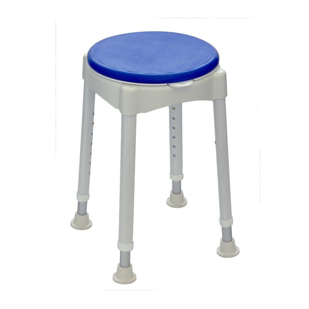 Duschhocker mit blauem Rundsitz und weißem Gestell mit höhenverstellbaren Standfüßen