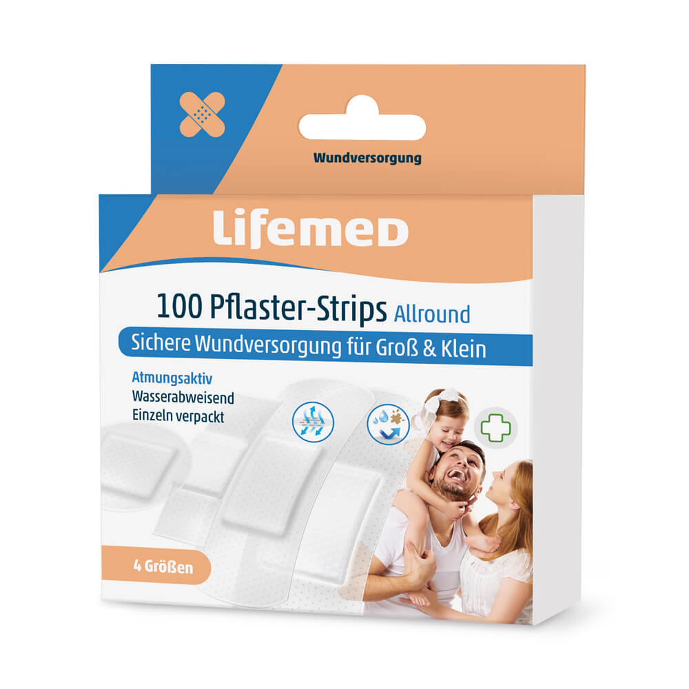 Pflasterstreifen Allround von Lifemed® Packung für 100 Stück, 4 Größen, halbtransparent