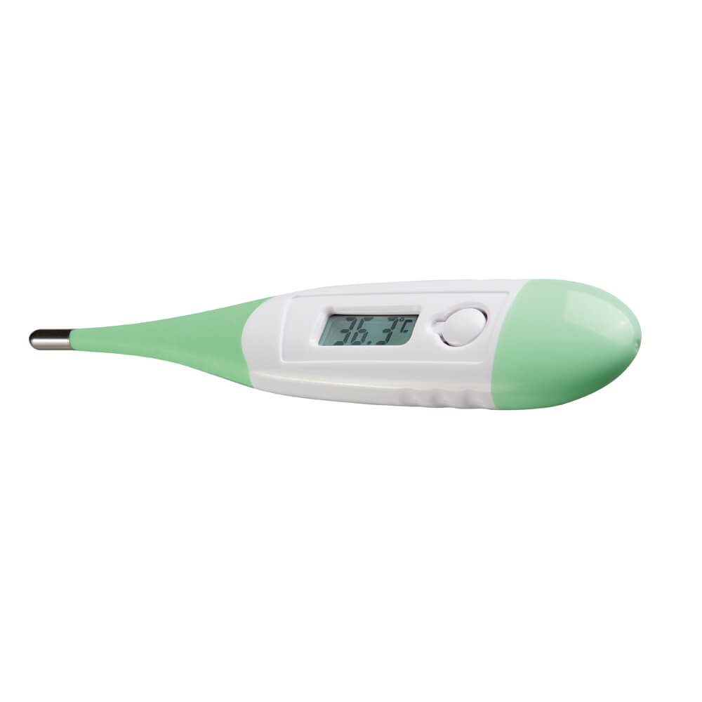 Digitales Fieberthermometer mit flexibler Spitze, grünes Gehäuse und Display