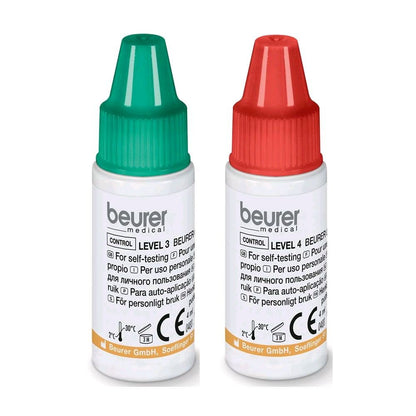 Beurer Kontrolllösung Level 3/4, zwei Fläschchen mit grüner und roter Kappe