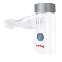 Medel AIR COMPACT Inhalator, weißes Gerät mit blauer Taste und Aufsatz