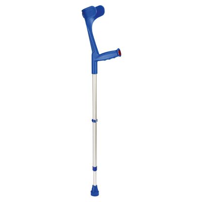 Blaue Gehhilfe mit T-Griff und Handauflage, verstellbarer Schaft