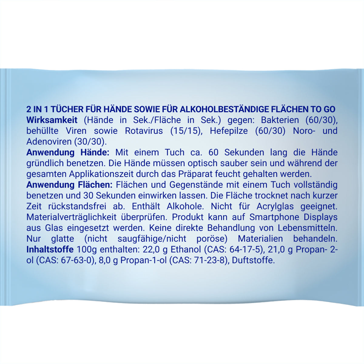 Sterillium® 2-in-1 Wipes Rückseite mit Anwendungshinweisen und Inhaltsangaben