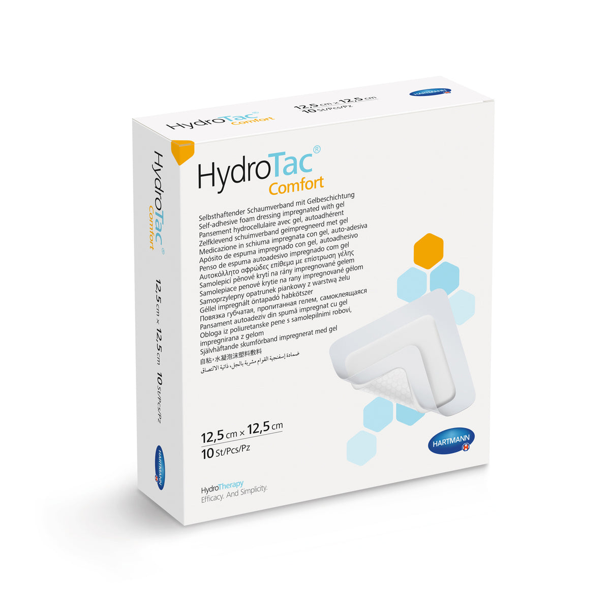 Verbandpackung HydroTac, Rückseite mit Produktinfos, Größe 12,5×12,5 cm