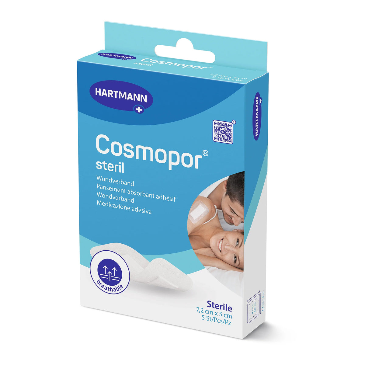Steriler Wundverband Cosmopor in blauer Packung mit Motiv am Schlauchverband